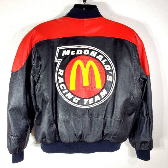 Vintage McDonalds Racing Team Large Leather Bomber Jacket Black Red Yellow - Picture 15 of 16
